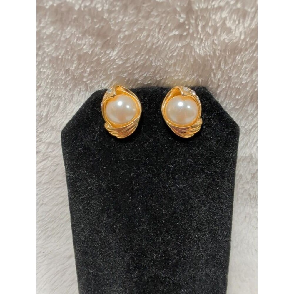 Gold Tone Faux Pearl Clear Rhinestone Asymmetrical Button Earrings